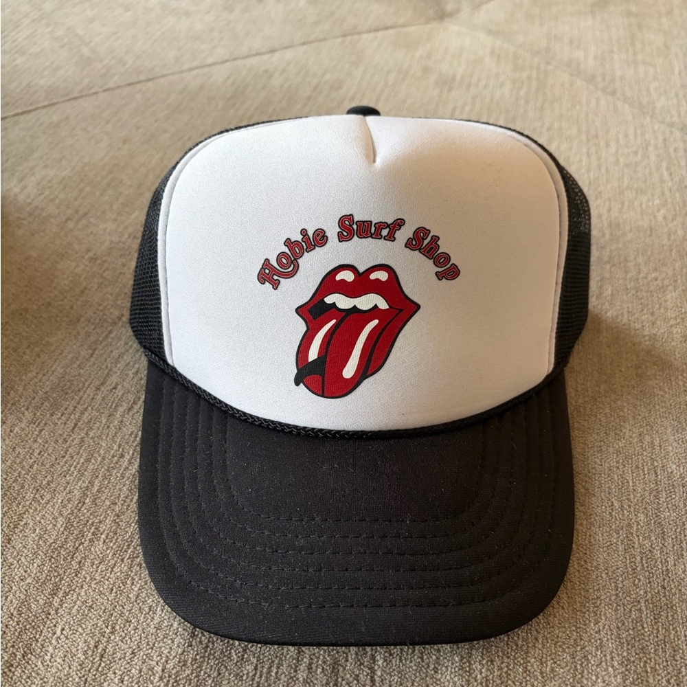 Hobie Surf Shop Rolling Stones Logo Black and White Trucker Hat